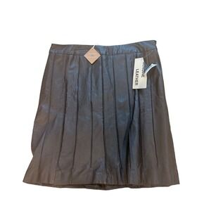 Pleated Black Genuine Leather A-Line Skirt